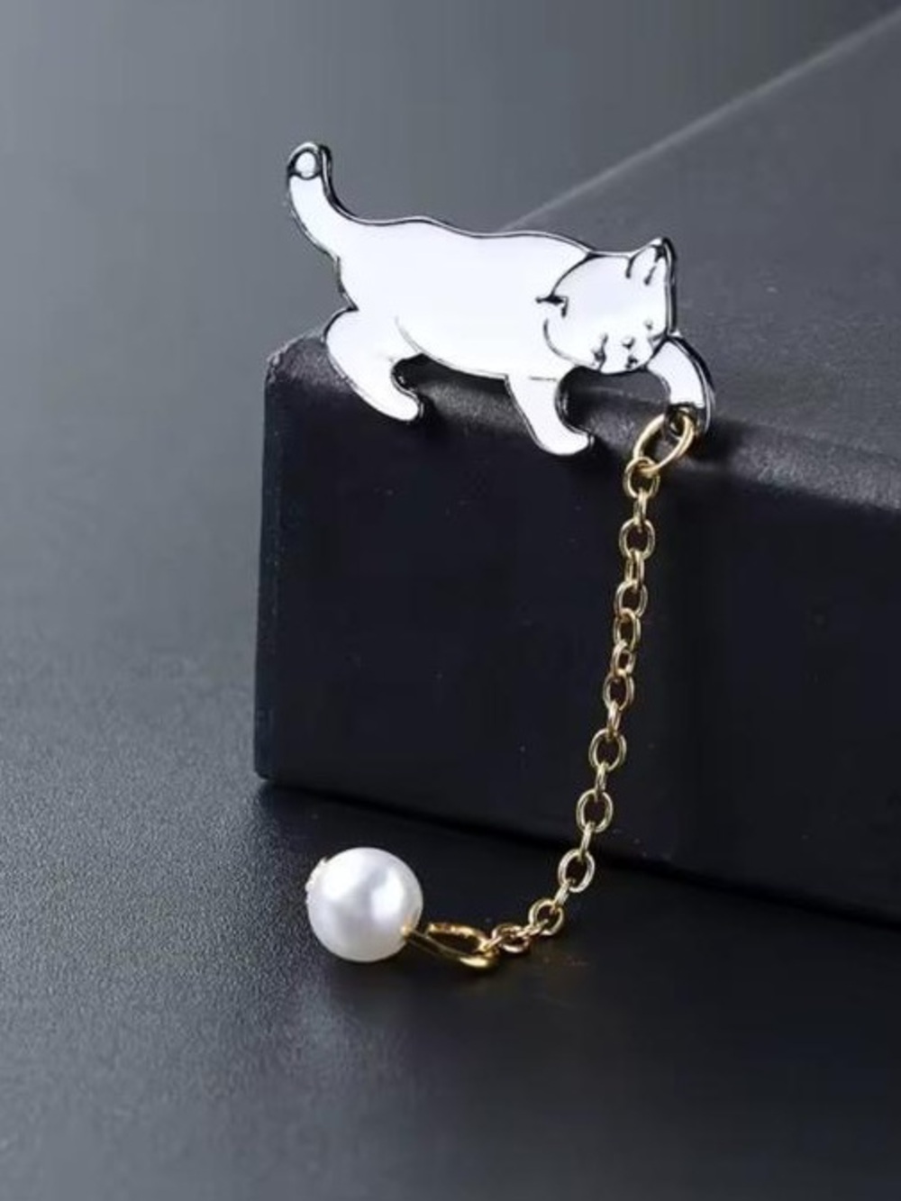 Anthropologie White Cat Brooch with Gold Chain and Pearl Drop